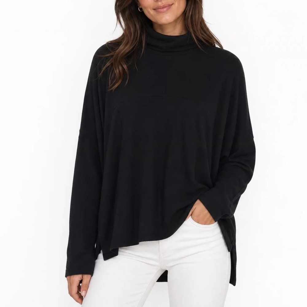 Aerie Black Turtleneck Oversized Knit Sweater Side Slit Drop Shoulders